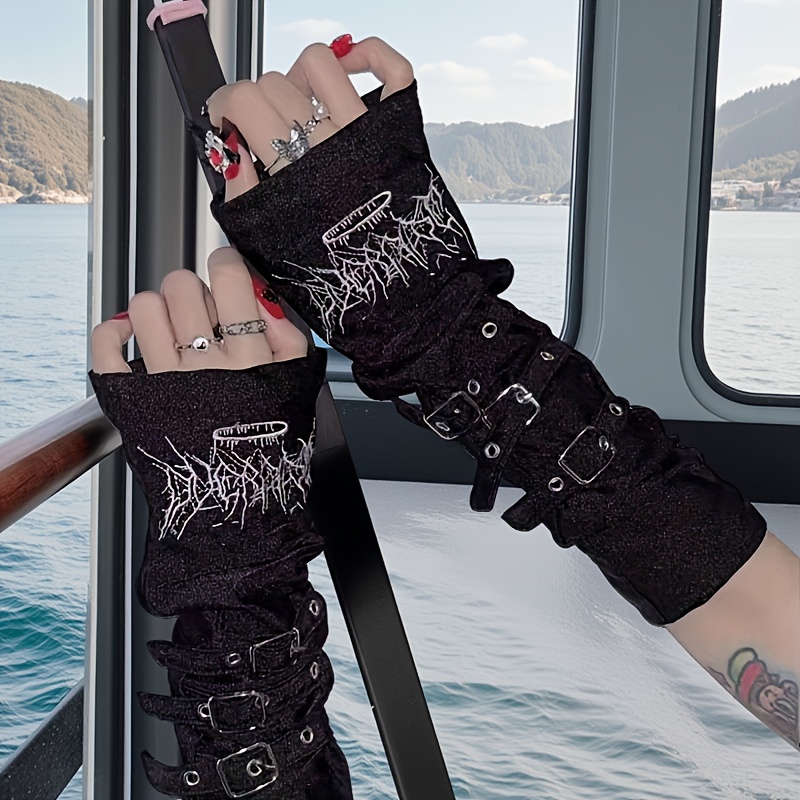 Pair Y2K Punk Fingerless Gloves with Metal Buckles Embroidered Design  Black Acrylic Arm Covers for, Party Wear, and Trendy Outfits, Accessories, 