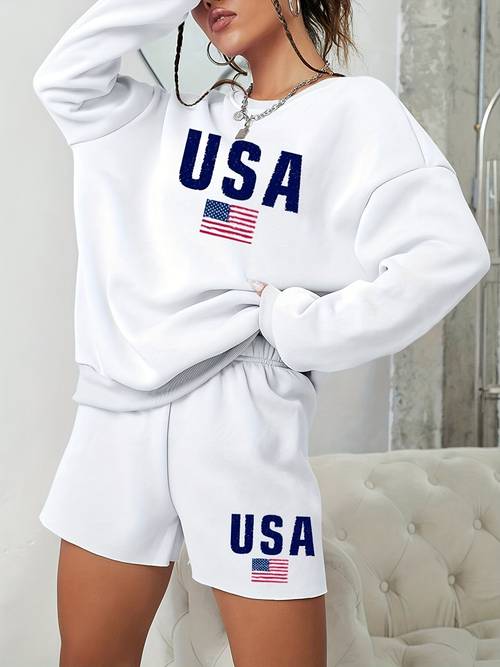 womens patriotic usa flag letter print drop shoulder sweatshirt and shorts set casual womens two pcs outfits machine washable