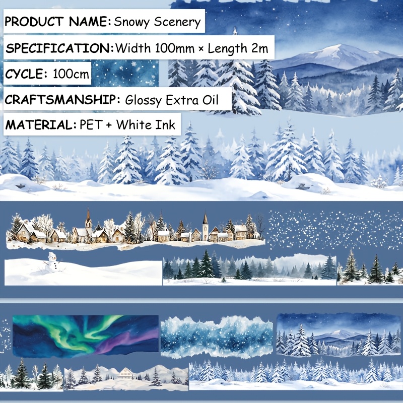 TEMU Ruban Washi PET Scène de Neige 10 cm x 2 m, Autocollants Transparents Aurore, Ruban Adhésif Décoratif pour , Scrapbooking, Journal, Papeterie,