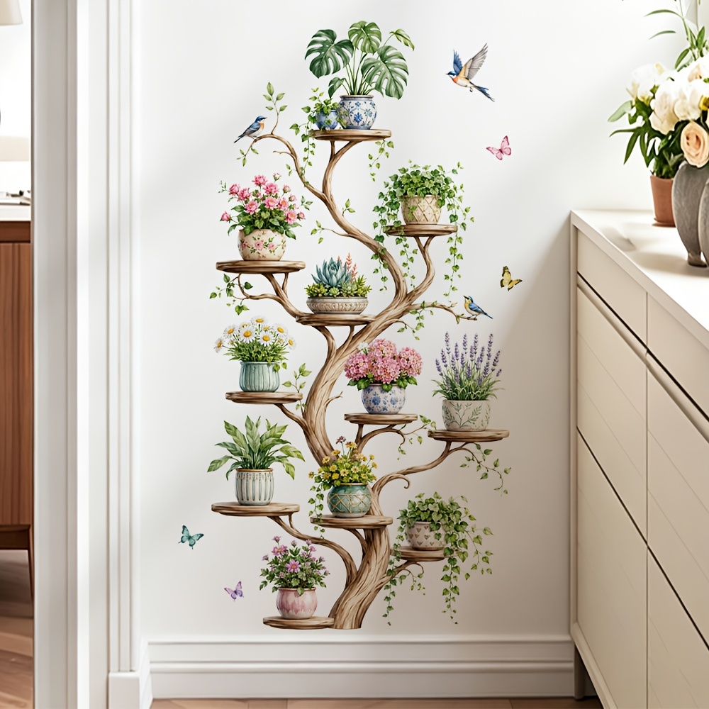 TEMU Autocollant mural créatif d'arbre à plusieurs niveaux pour plantes , style aquarelle, décoration murale auto-adhésive et imperméable pour entrée