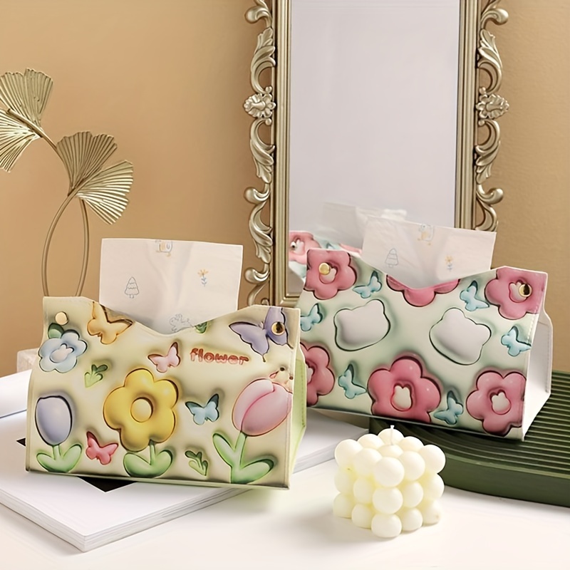

1pc 3d Floral Leather Tissue Box Cover, Decorative Rectangular Napkin Holder, For Living Room, Bedroom, Bathroom, Home Decoration Tissue Holder