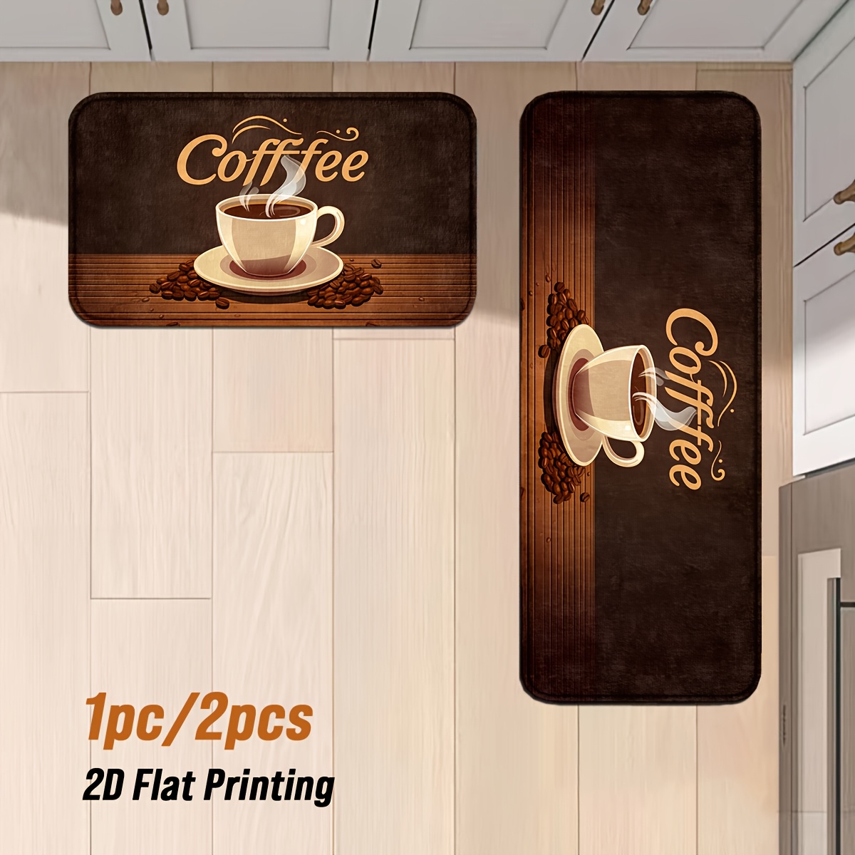 TEMU Chic Coffee-themed Kitchen Mat Set - Non-slip, Machine Washable Polyester Rugs With Coffee Cup & Bean Design For Home, Office, And Laundry Room