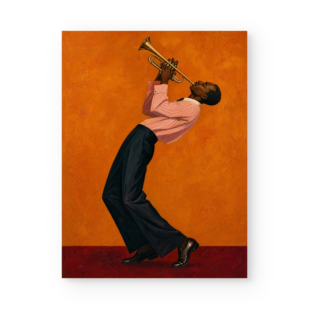 TEMU Affiche et impression sur toile d'un trompettiste de jazz 2D plate, musicien jouant du , fond orange vibrant, portrait de musique jazz rétro,