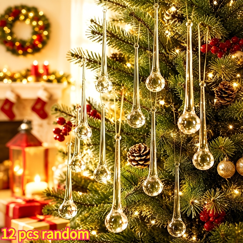 TEMU Random 12pcs, Raindrop Christmas Ornaments, Teardrop Hanging Ornaments Clear Chandelier Drop Pendant Decorations For Christmas Tree Winter New