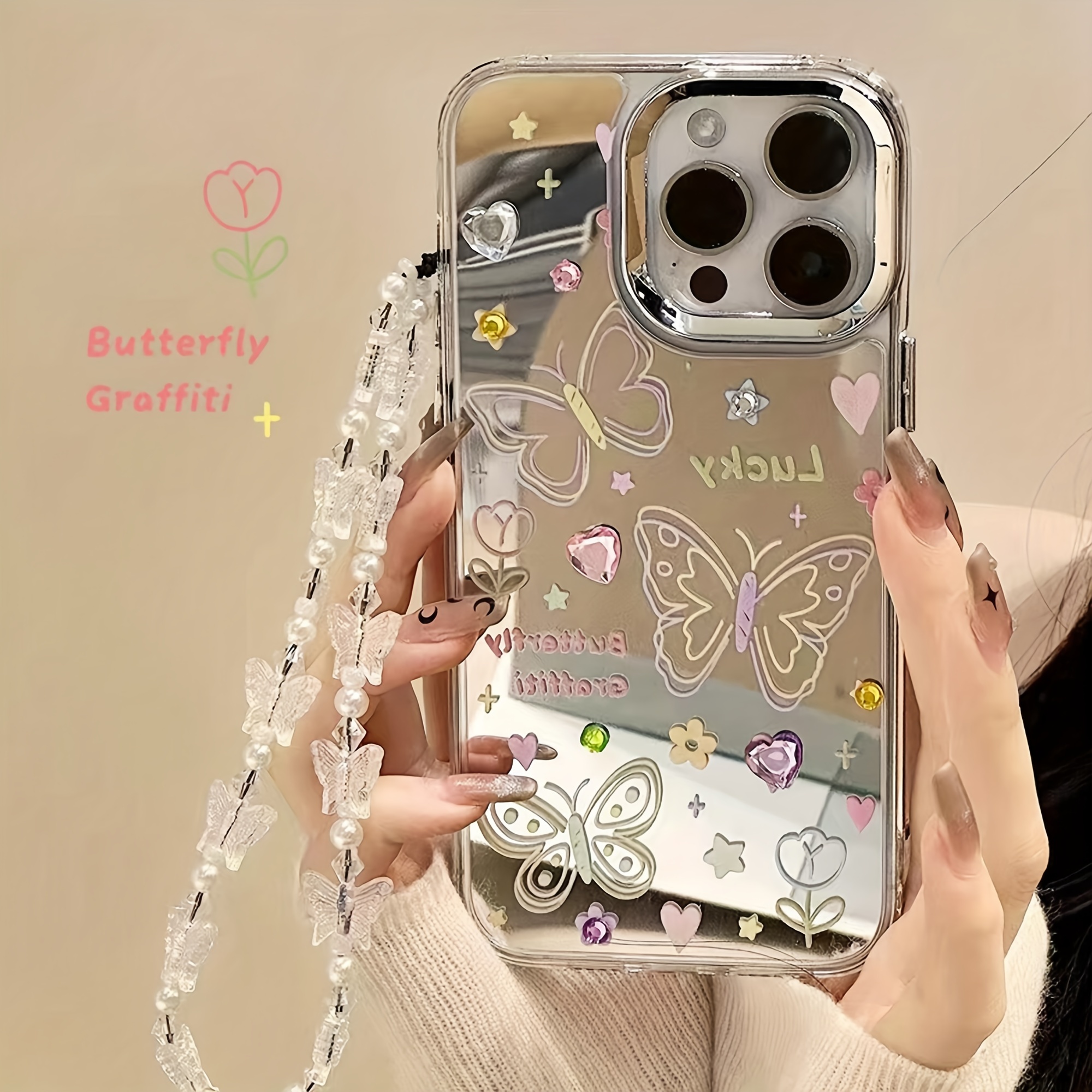 

Reflective Acrylic Case With 3d Butterfly Design And Crystal Lanyard, Protective Mirror-finish Cover Compatible With 11/12/13/14/15 Pro Max - Embellished With Rhinestones