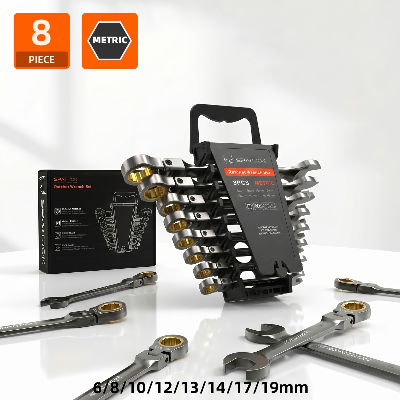 Image of Spaitron 8pcs Professional -plated Ratchet Combination Spanner Set, 72 Tooth Metric Wrench Set 6-19mm, Wrench Set, Auto Motorcycle Household Repair Hand Tools, Ideal Gift