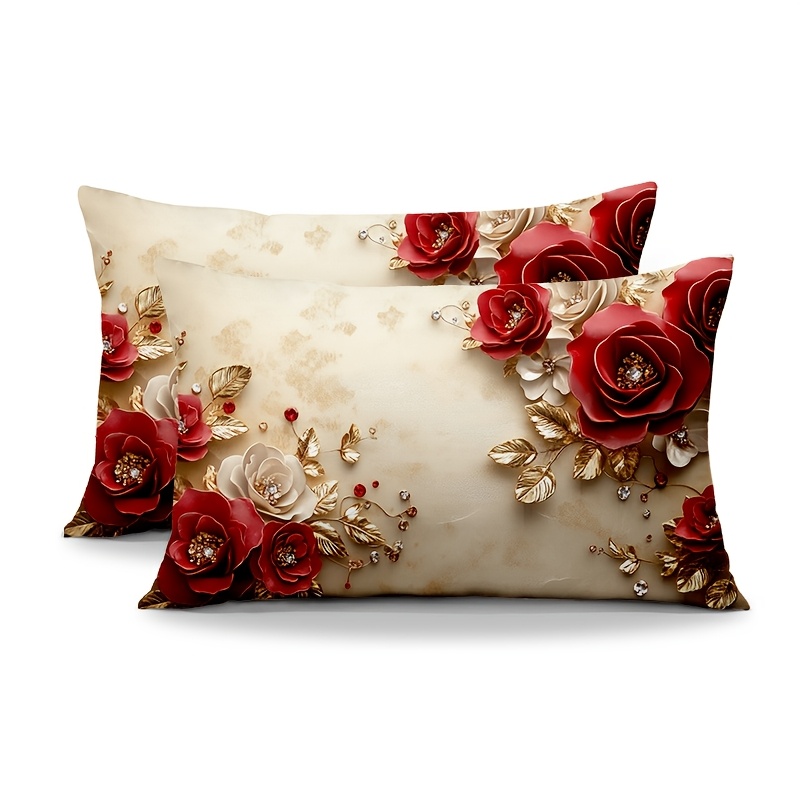 

2pcs Vintage Style Knit Fabric Throw Pillow Covers, Elegant 3d Red And Golden Rose Print, Short Plush Polyester Lumbar Cushion Cases, With Zipper Closure, For Living Room Sofa Decor 12x20 Inch