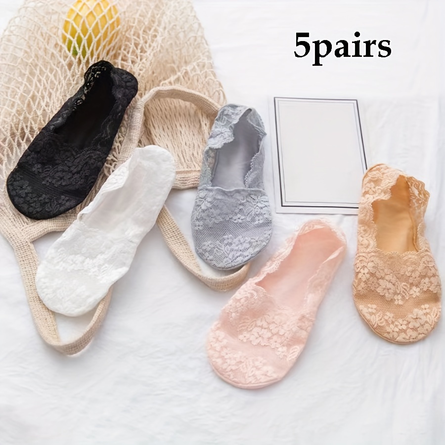 

5 Pairs Non Drop Heel Short Socks, Lace Boat Socks, Women's Summer Thin Shallow Mouth Silicone Non-slip Invisible Socks