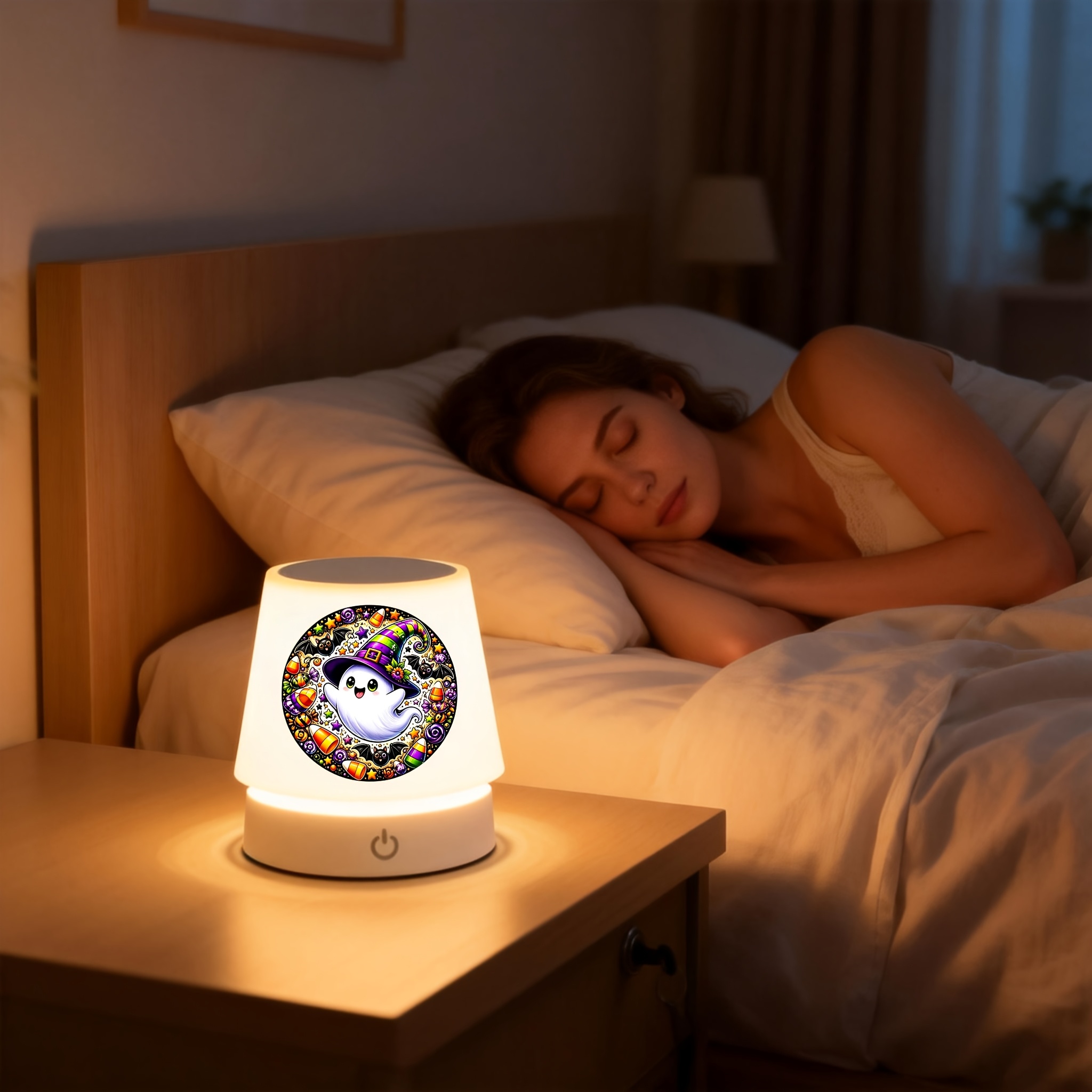 Round Cute Ghost with Wizard Hat Halloween Pattern Desk Lamp, Adjustable & Rechargeable