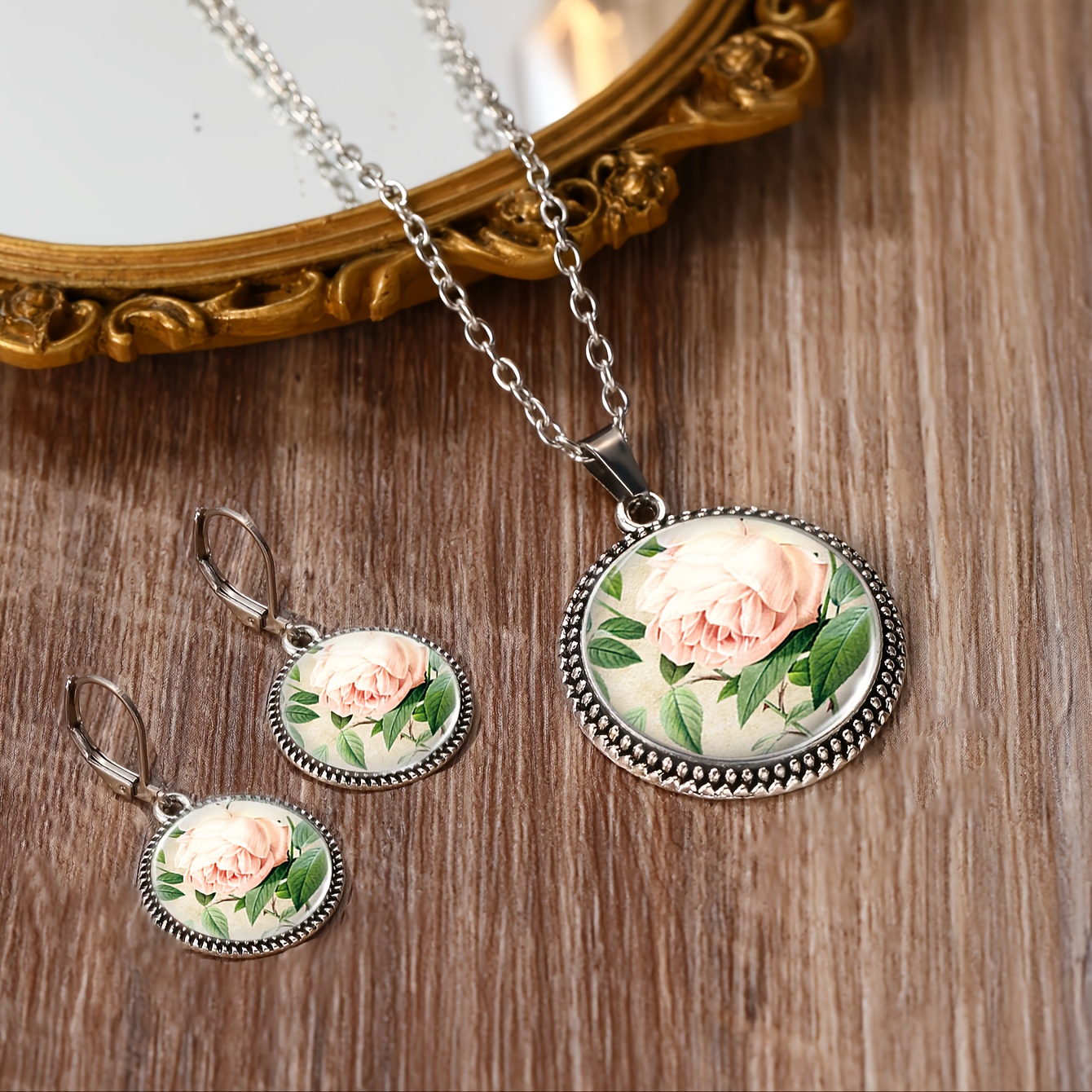 3pcs Pink Floral Pattern Round Jewelry Set for Women