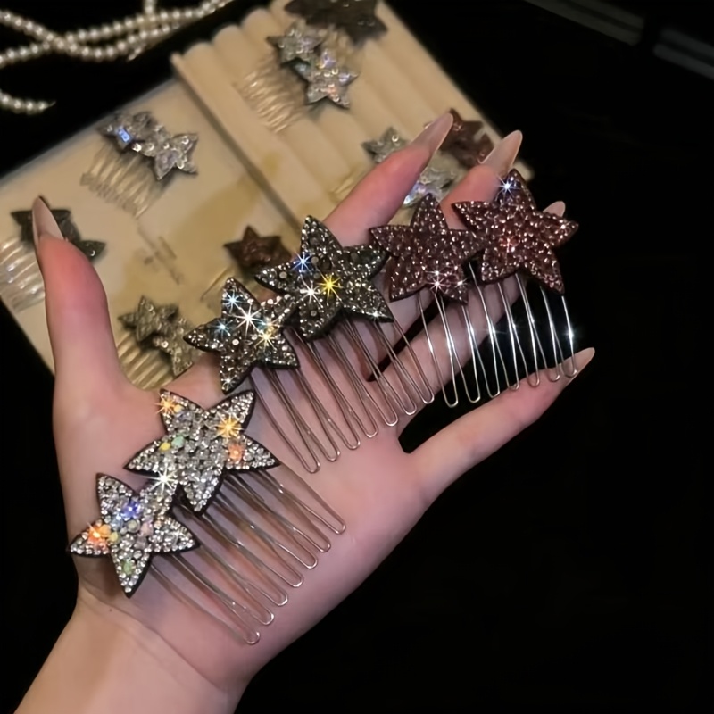 TEMU 3pcs Light Luxury High-end Star Rhinestone Hair Comb, Fashionable And Versatile High-top Hairstyling Comb, Hair Styling Tool, Headpiece