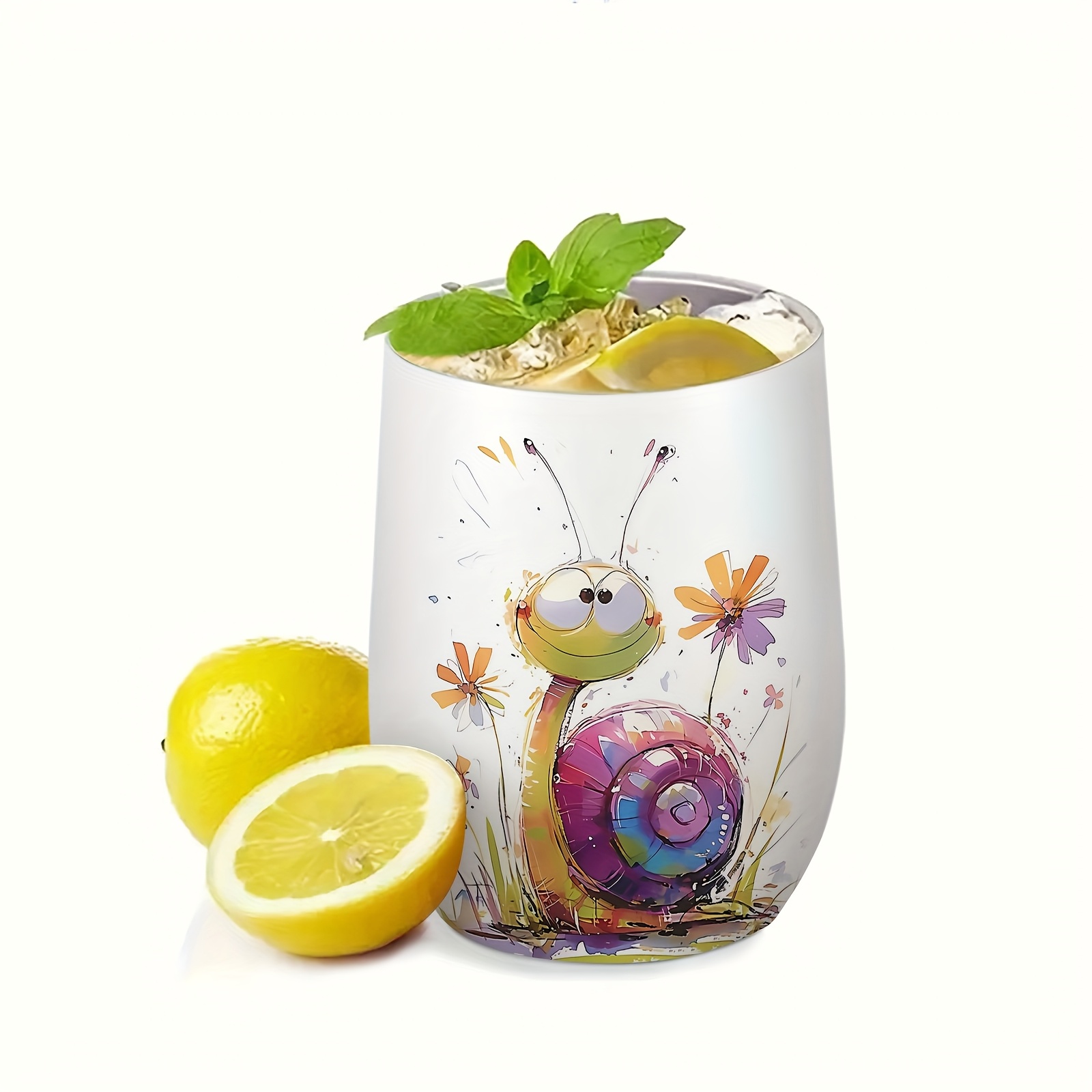 Image of A Single Insulated Cup Featuring A Colorful Snail And Floral Illustrations, Perfect For Summer Cooling. It With A Spill-proof Lid, Made Of Stainless Steel, Showcasing Exquisite Designs