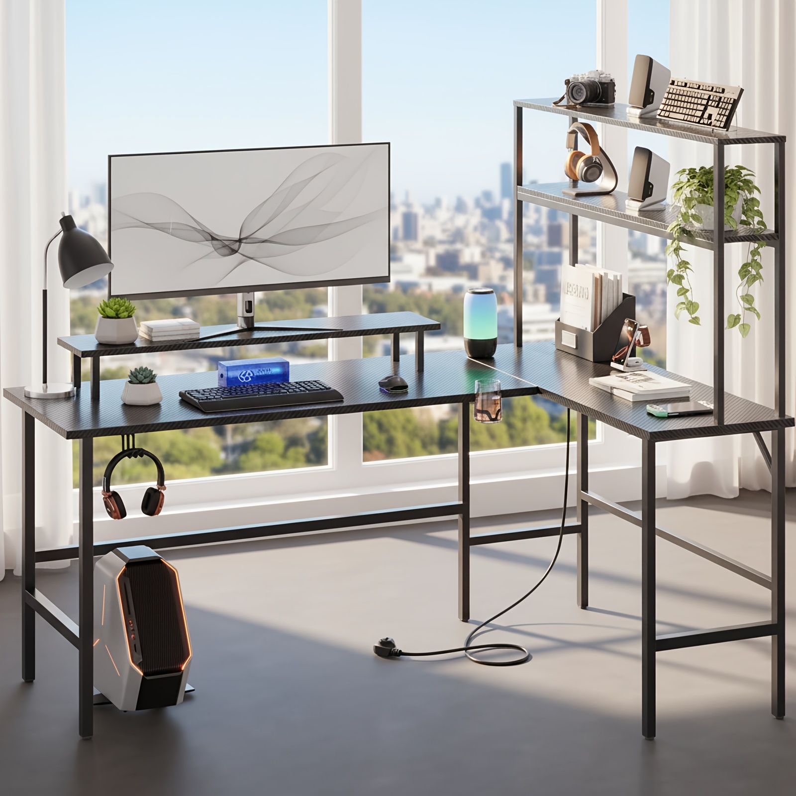 Image of 150/170cm L Shaped Gaming Desk, Reversible Computer Desk With Power Outlet And Led Light, Table Storage Shelves & Monitor Stand, Suitable For Home Office, Corner