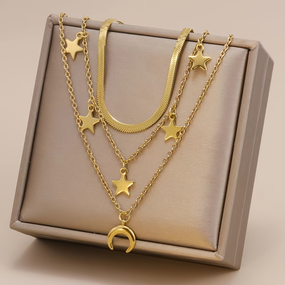 TEMU A Gold-colored Stainless Steel Accessory With Gold-plated Multi-layered Star-moon Necklace Necklace Chain Accessory Ins French Fashion Trend Retro Gift- Lady Daily Commuter Holiday Party Wear