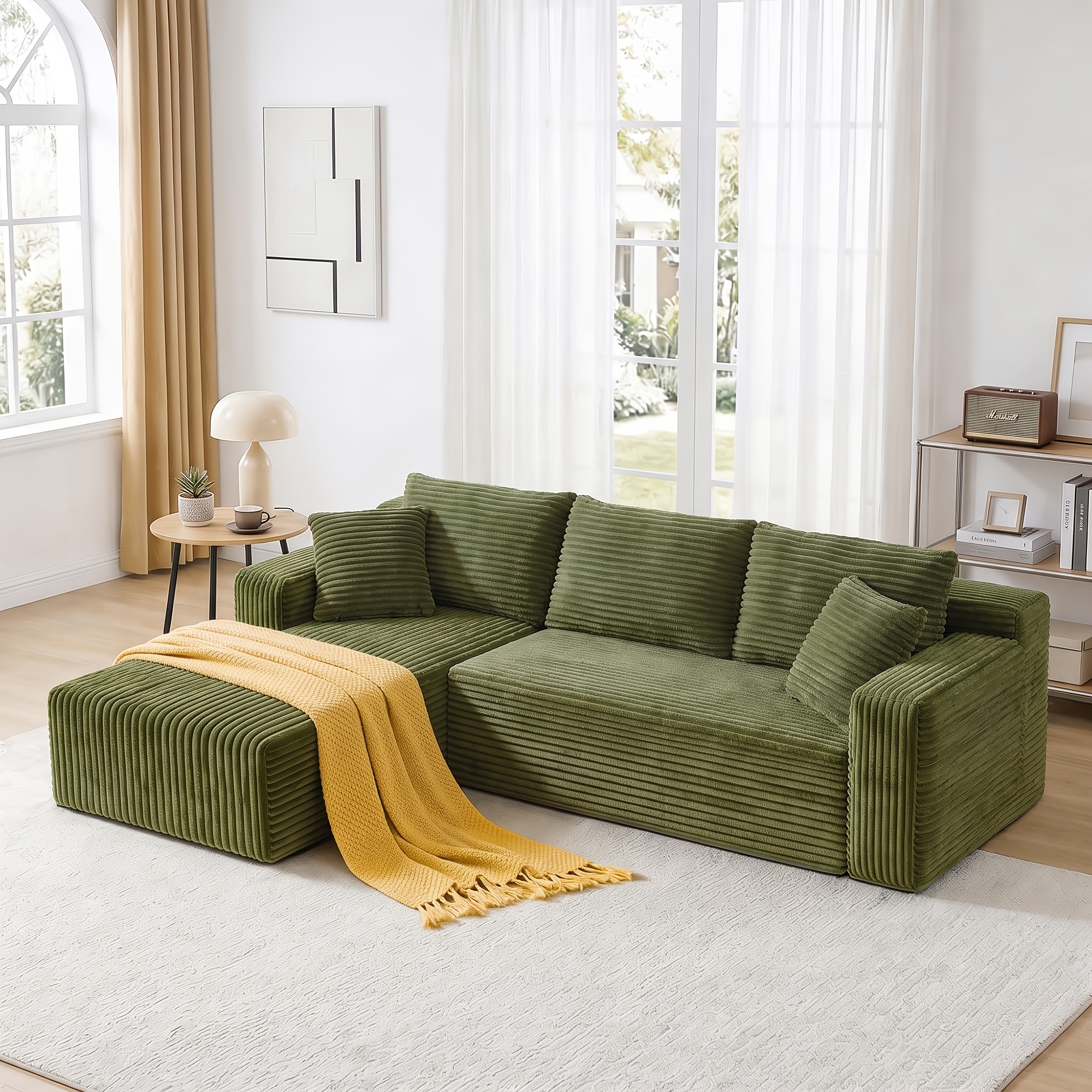 Image of Fully Compressed L-shaped Sofa With Cushions, Corduroy Fabric, Three-seater Corner Sofa, Easy And Comfortable Sofa, Very Suitable For Small Living Rooms And Apartments