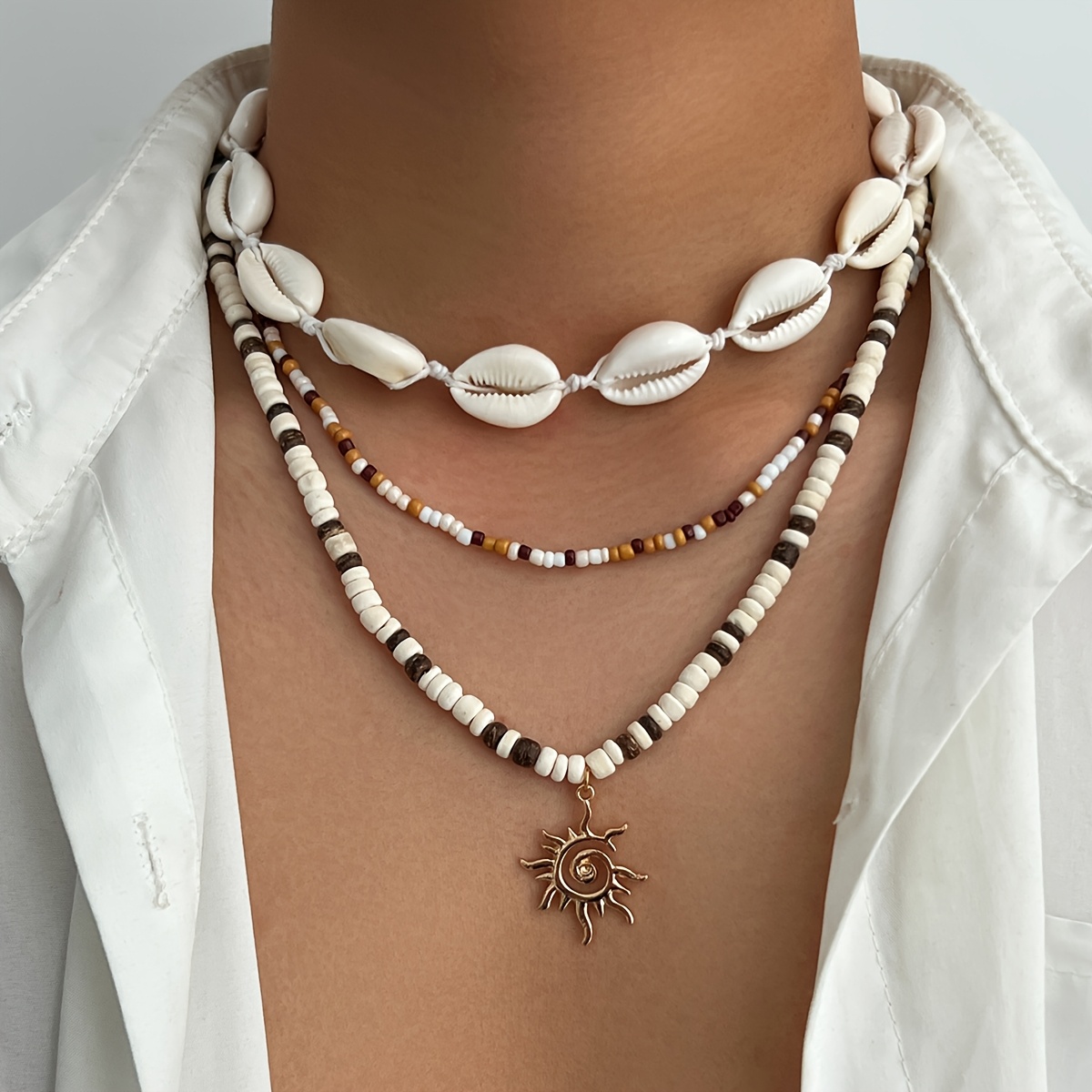 TEMU Collar de cuentas de concha de coco estilo vacaciones en , 3 piezas, lujo , premium para hombre - Joyería de cadena de clavícula con colgante de