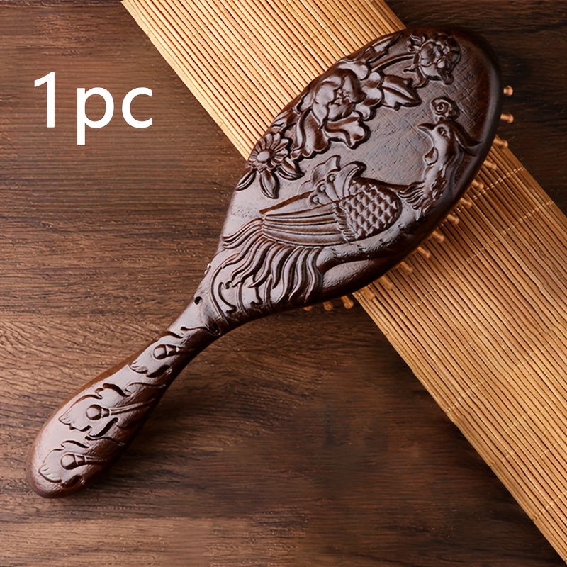 Image of 1/2pcs Hand-carved Wooden Cushion Comb With Bamboo Teeth, Oval Scalp Massage Brush, Suitable For All Hair Types, Wooden Brush