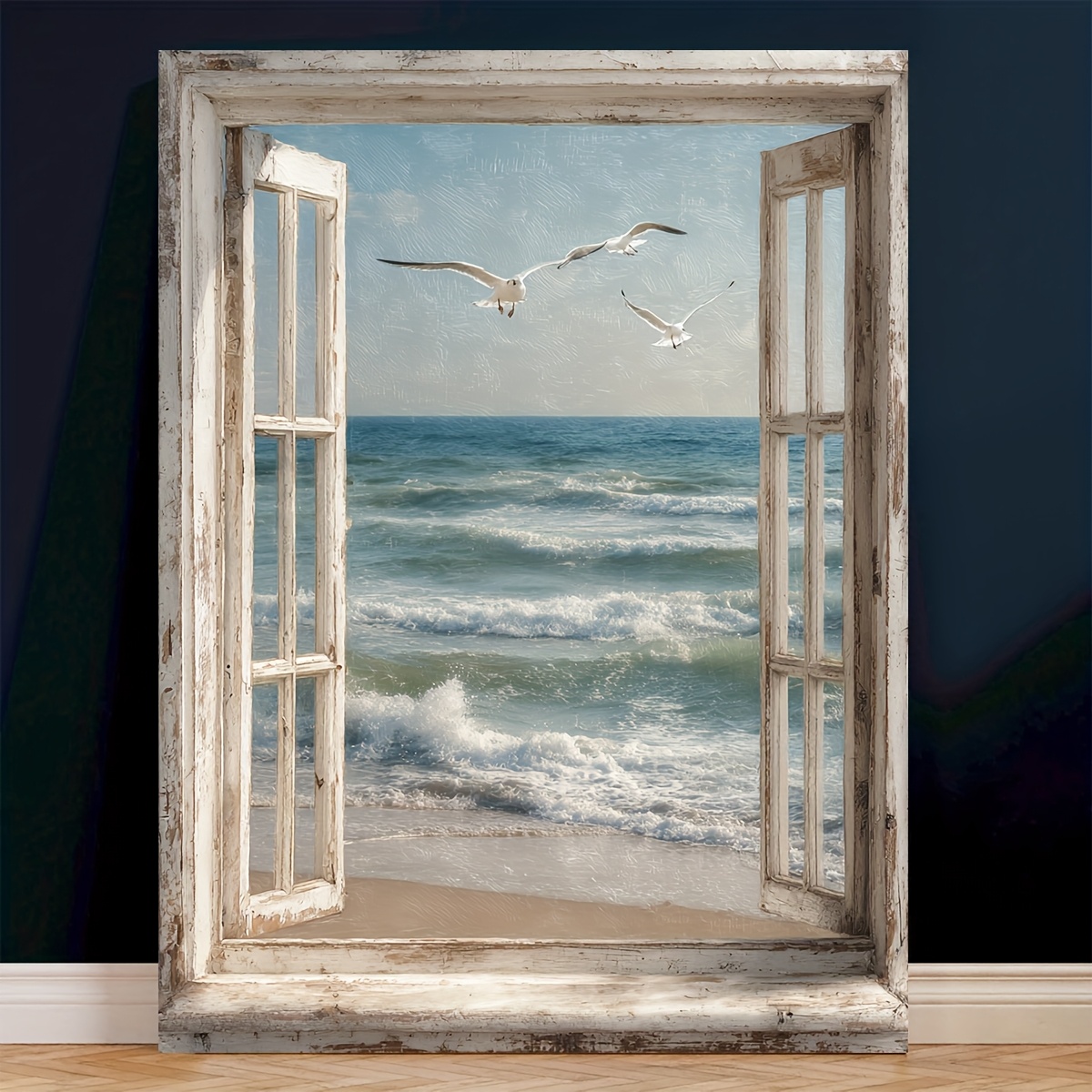 E-shop 2D Flach, 2D Flach, . Moderne Küstenfensteransicht Leinwand Wandkunst - Möwen über dem Strand fliegend, offenes Fensterbogen-Design mit Hängen