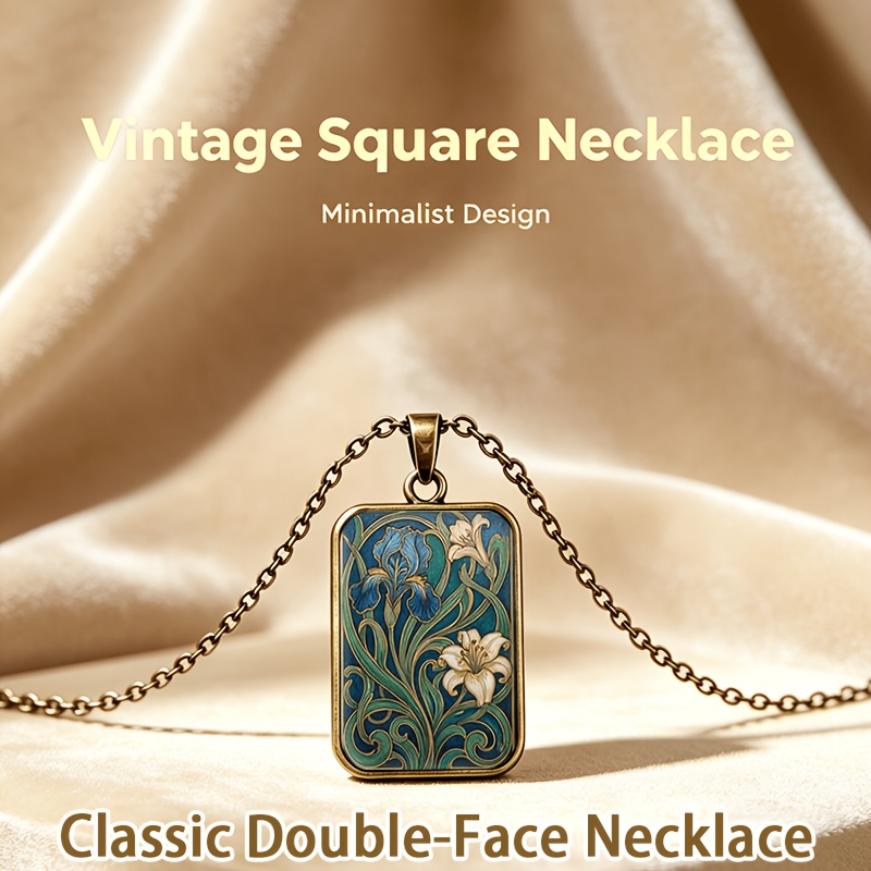TEMU 1pc Antique Square Transparent Glass Base Classic Creative Necklace/pendant, Featuring A Unique With Elegant Lines Of White And Blue Floral