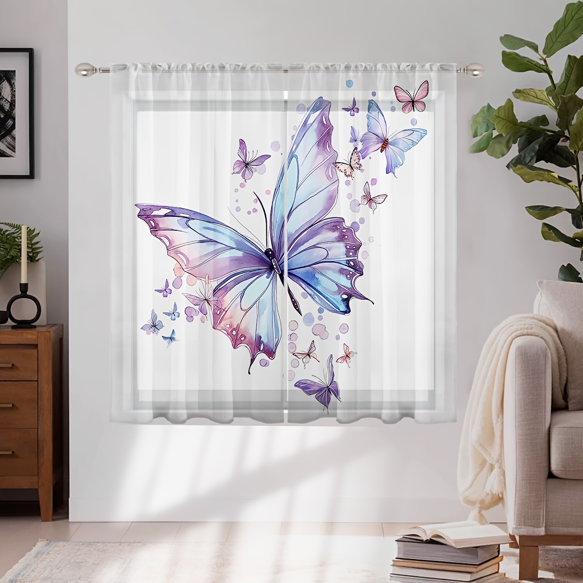 E-shop 2 Stk. Schöner Schmetterling Polyester Halbtransparente Stangenfenstervorhang Dünn Fensterdekoration Vier-Jahreszeiten-Stil Bunter