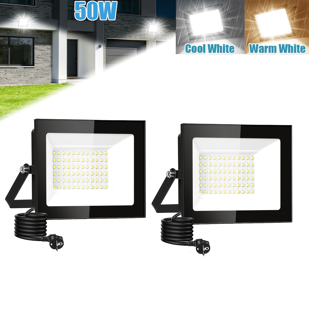 TEMU 2 stuks 50W LED schijnwerper buitenlamp, met stekker LED veiligheidslicht, LED schijnwerper, koelwit/warmwit, verstelbare 180° beugel,