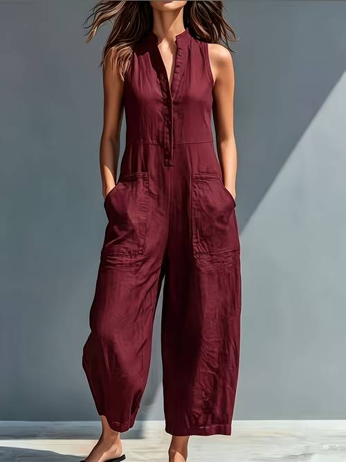 elegant womens vintage solid color jumpsuit for spring up collar sleeveless with loose legs suitable for stylish workwear and comfortable casual wear