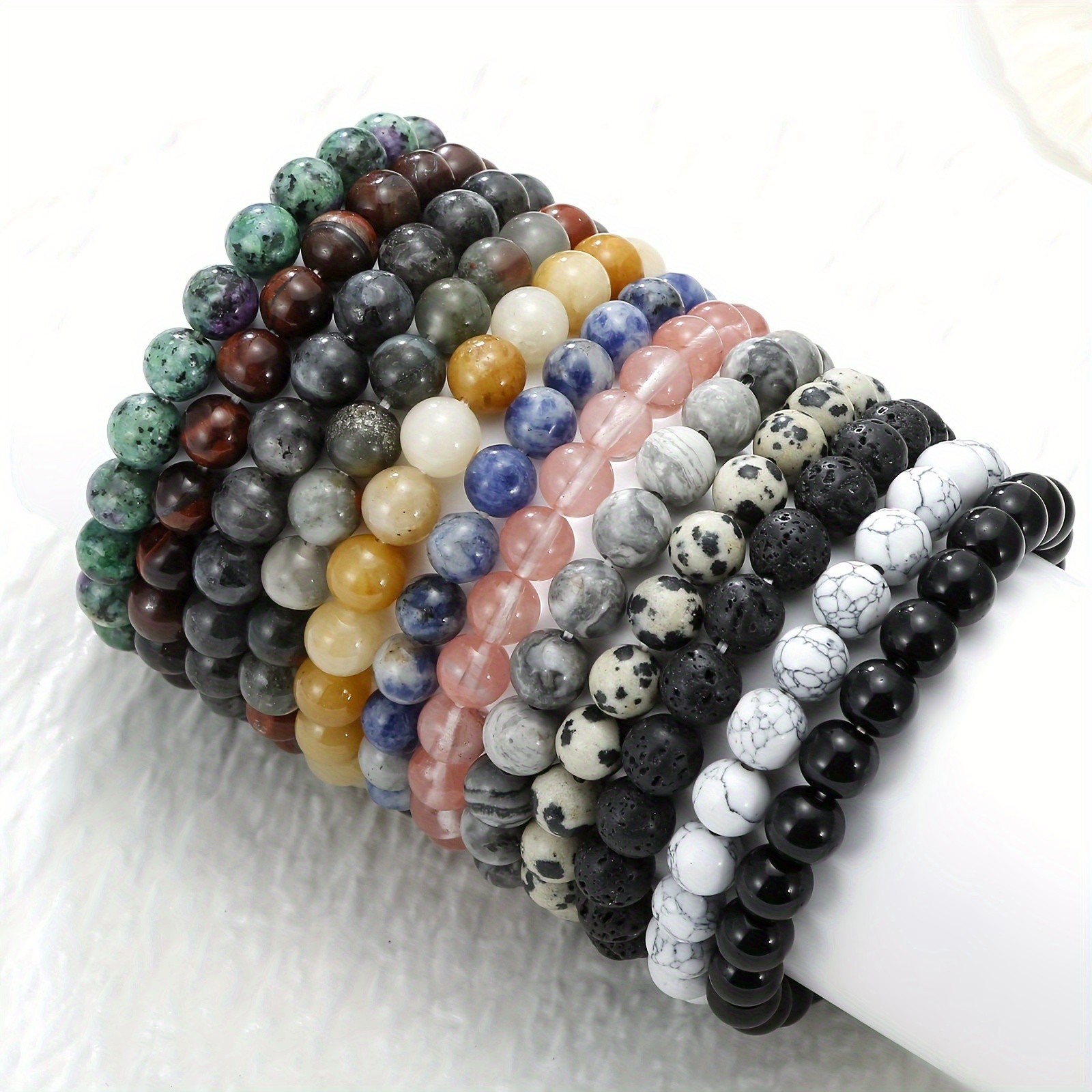TEMU 12pcs Of 8mm Round Natural Stone Bracelets, Smooth Stone Beads Quartz Y2k Elastic Bracelets For And, Suitable For Men And Women As Gifts
