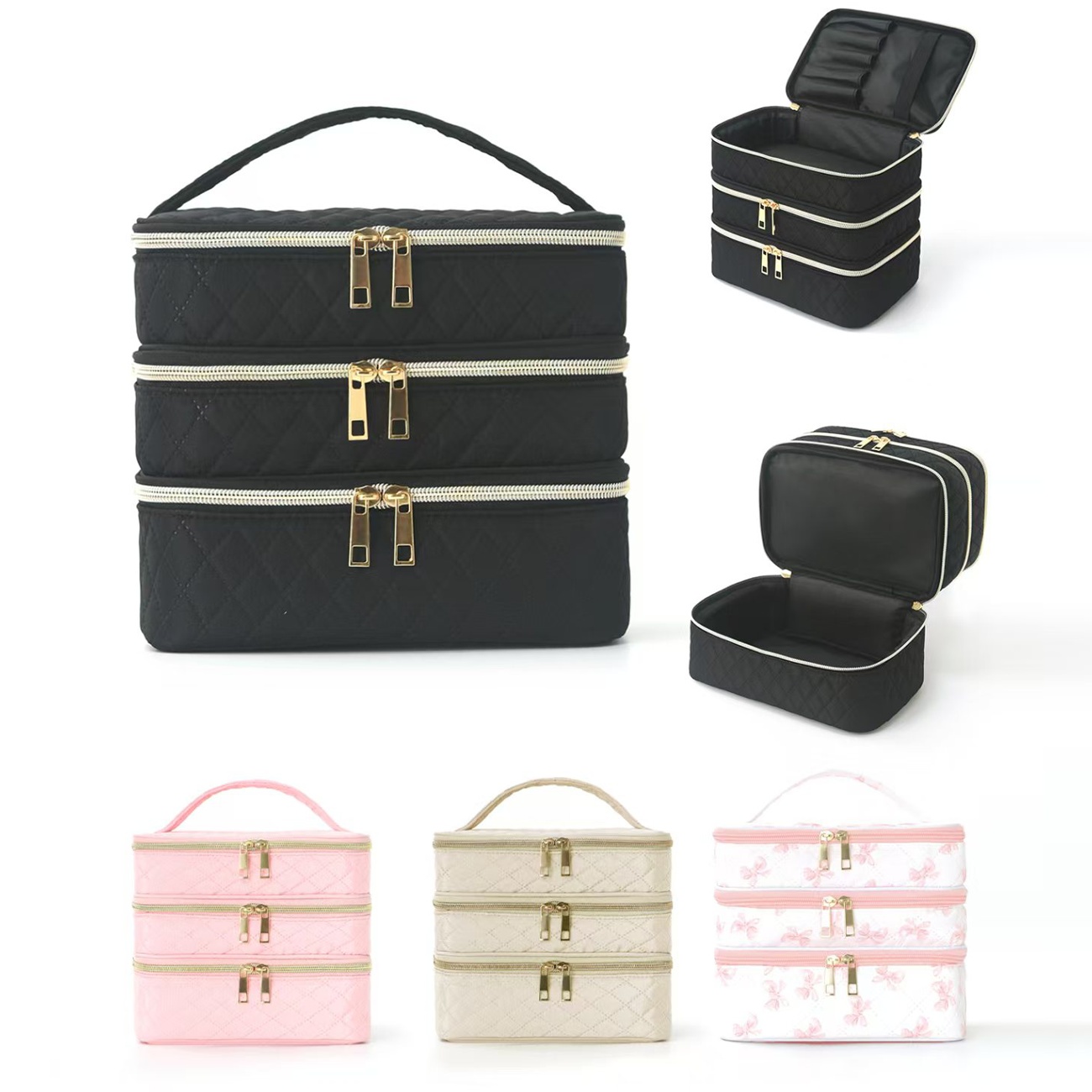 2pcs 1pc high end quilted three layer large capacity design cosmetic bag functional handheld zipper precision classification storage cosmetics and toiletries travel storage bag travel makeup bag suitable for   and daily organization unisex