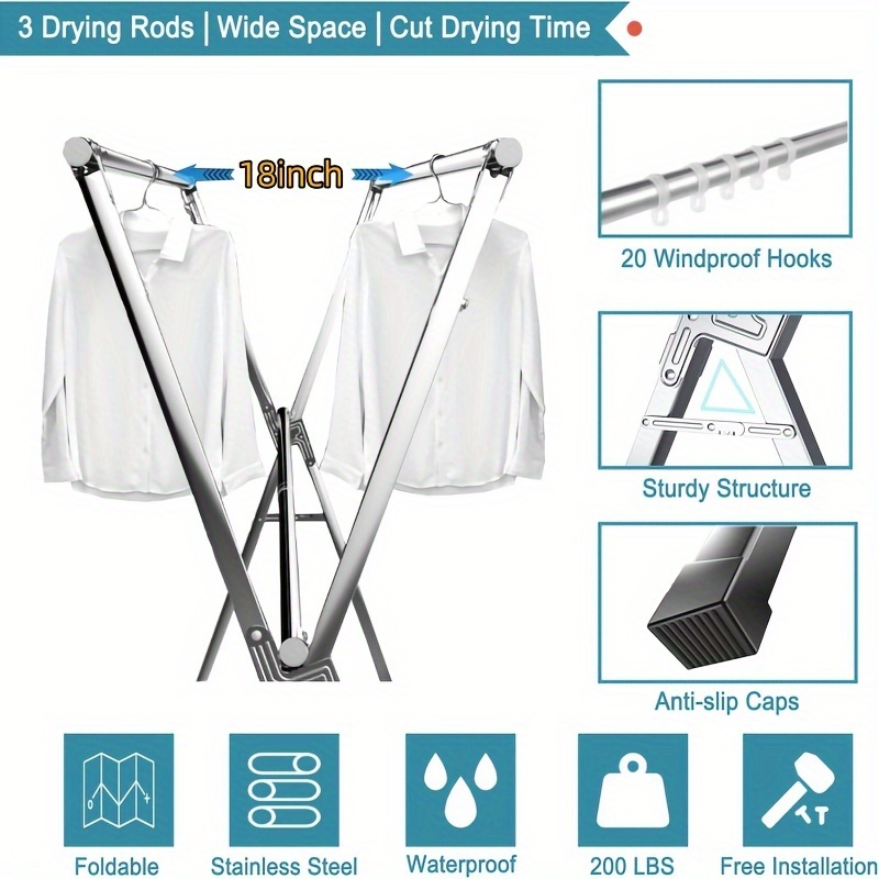 79 inches clothes drying rack free of installation stainless steel garment rack adjustable and foldable space saving laundry drying rack for indoor outdoor with 20 windproof hooks details 3