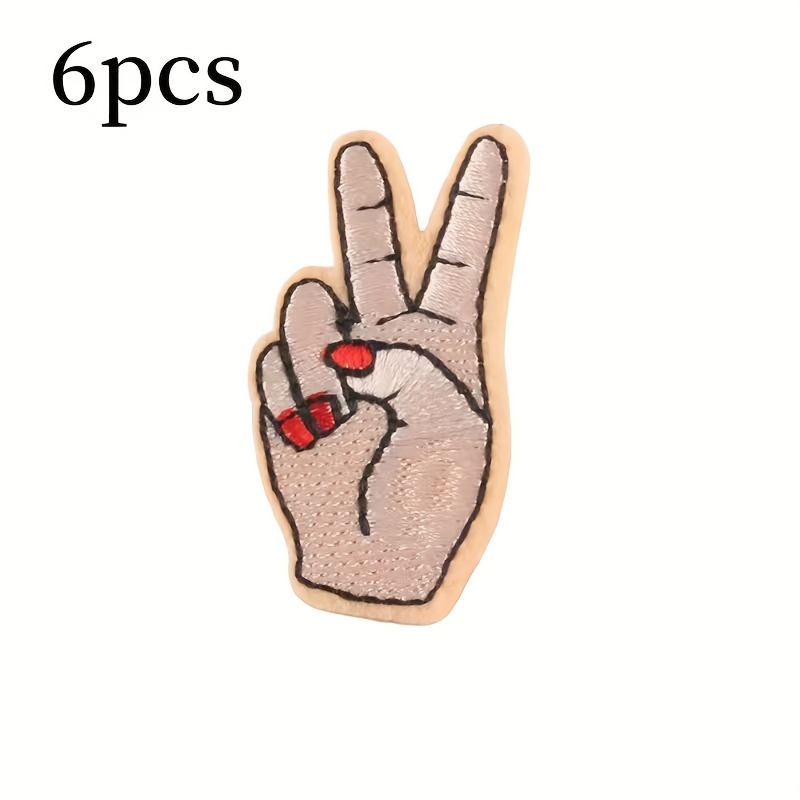 6pcs Peace Sign Embroidered Patch Appliqués, Multicolor Hand Gesture Iron-on Fabric Decals For Clothing And Accessories