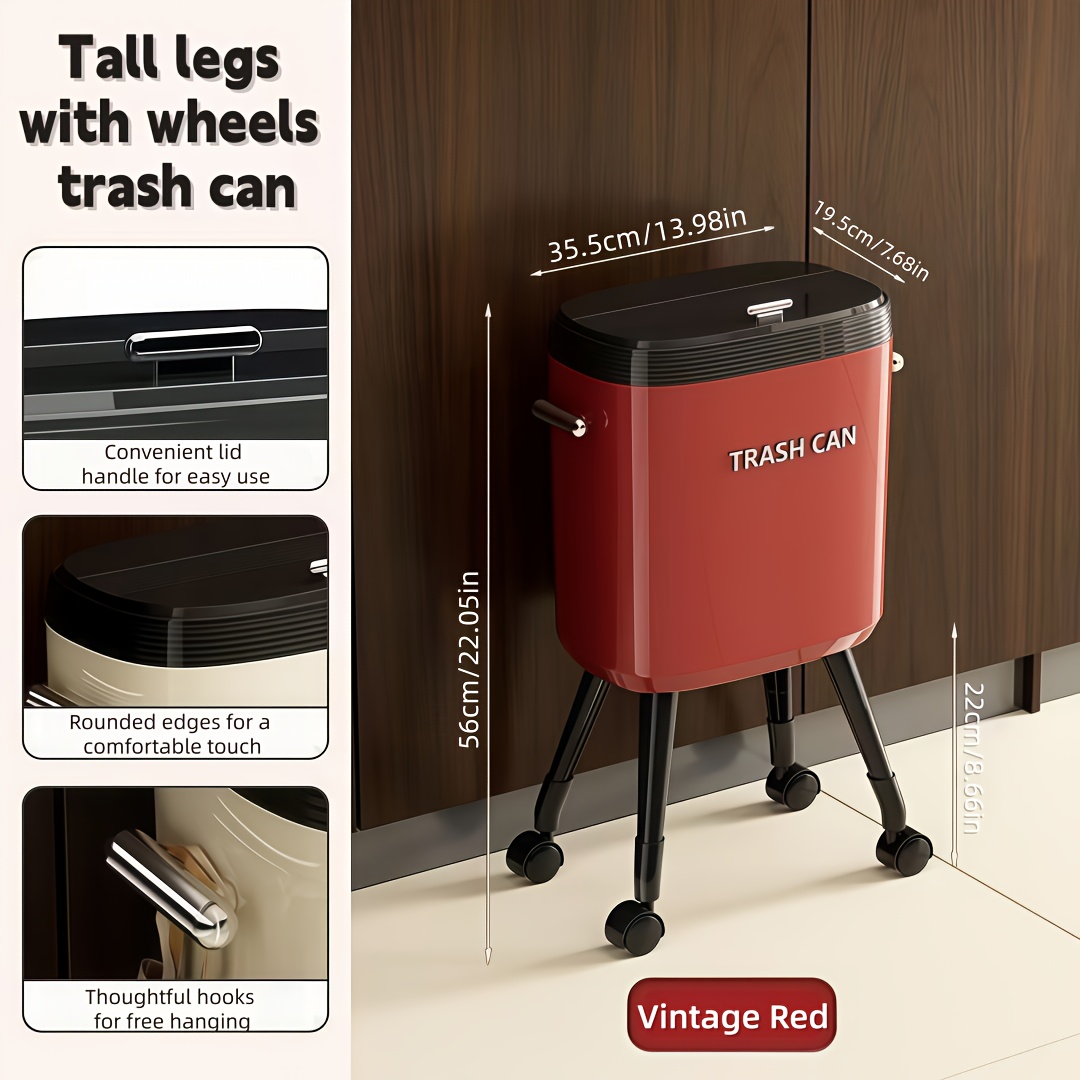 TEMU Red/green/ Can With Lid, Tall Garbage Bin With Legs And Rolling Wheels For Kitchen, Odor-proof And Easy To Clean, Decorative Wastebasket Ideal For Bathroom, Bedroom, Living Room And Office
