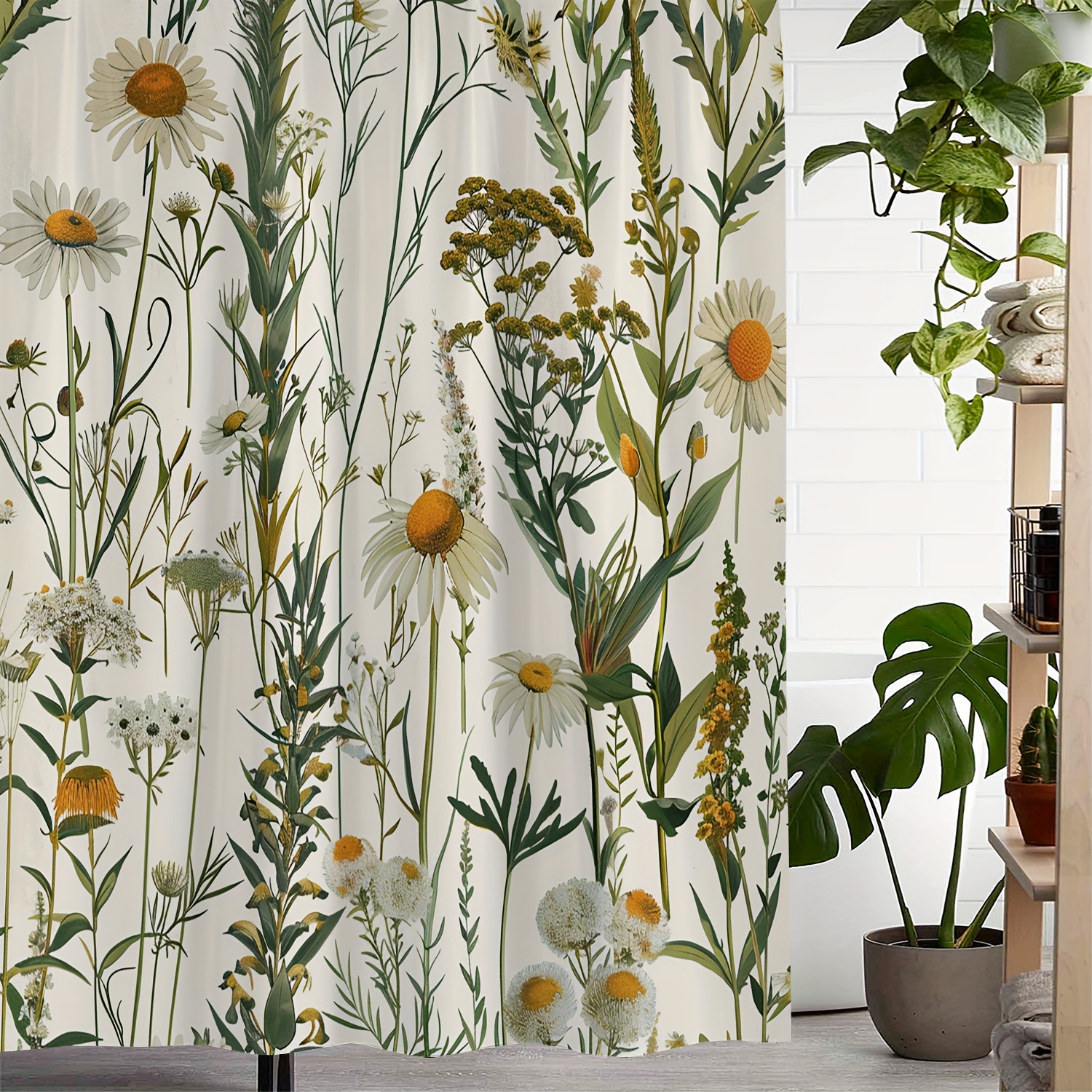 

1pc Botanical Floral Pattern Shower Curtain, Waterproof Shower Curtain With 12 Hooks, Bath Curtain, Bathroom Partition, Room Decoration, Machine Wash Window Bathroom Decoration