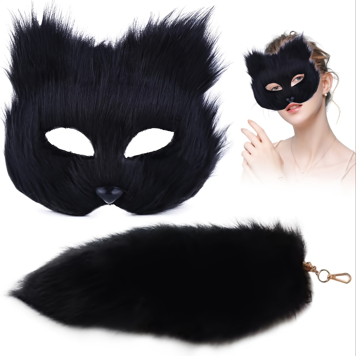 

2-piece Plush Fox Mask & Tail Keychain Set - Cute Animal Half Face Cosplay Accessories For Halloween & Festive Parties