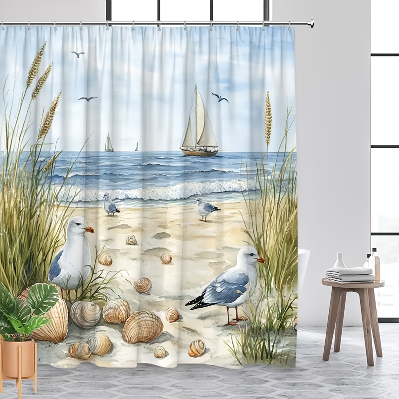 TEMU A Watercolor-style Seaside Vacation-themed Shower Curtain, Featuring Beach, Seagull, And Sailboat Elements That Create A Watercolor-textured