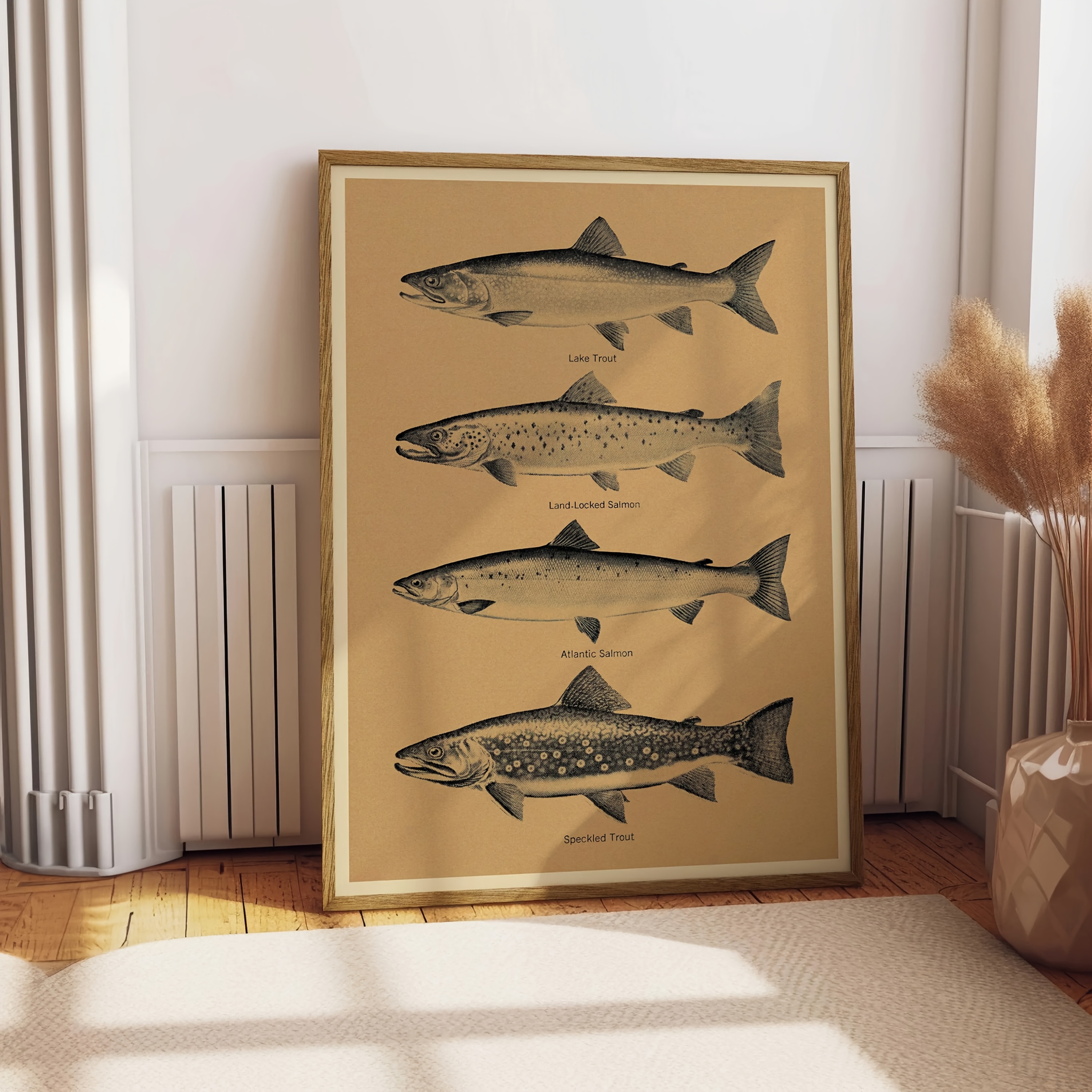 TEMU 2d Flat, 2d Flat, 1pc Frameless Canvas Poster, Vintage Art, Trout Salmon, Outdoor Fishing Poster Print, Wall Art Canvas Painting, Bedroom Living