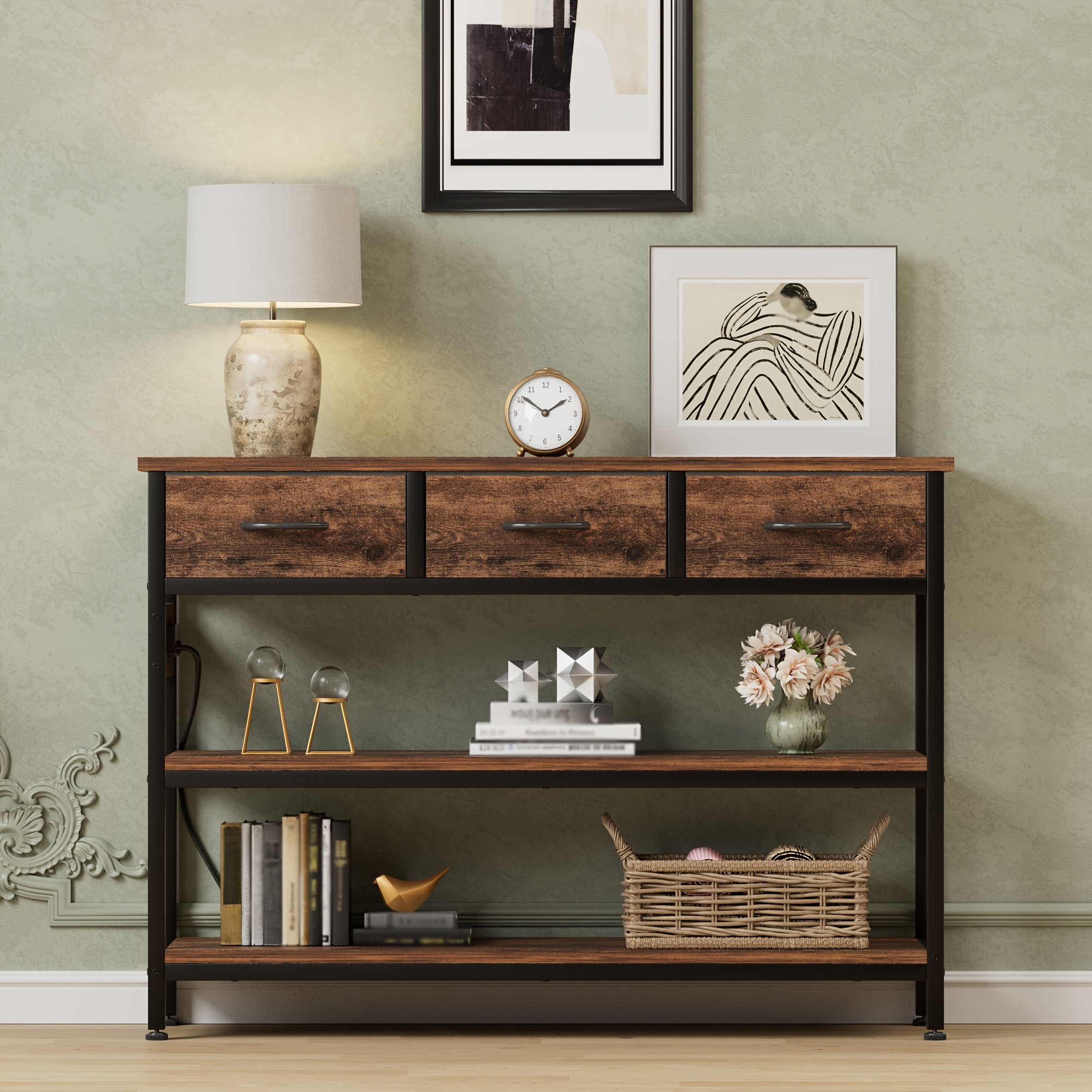 3-Tier Console Table with Charging Station (2 AC Outlets + 2 USB Ports) - Hardwood Entryway Sofa Table with 3 Breathable Fabric Drawers & Open Shelves, Adjustable Feet, Modern Rustic Design for Narrow Spaces, Living Room, Hallway