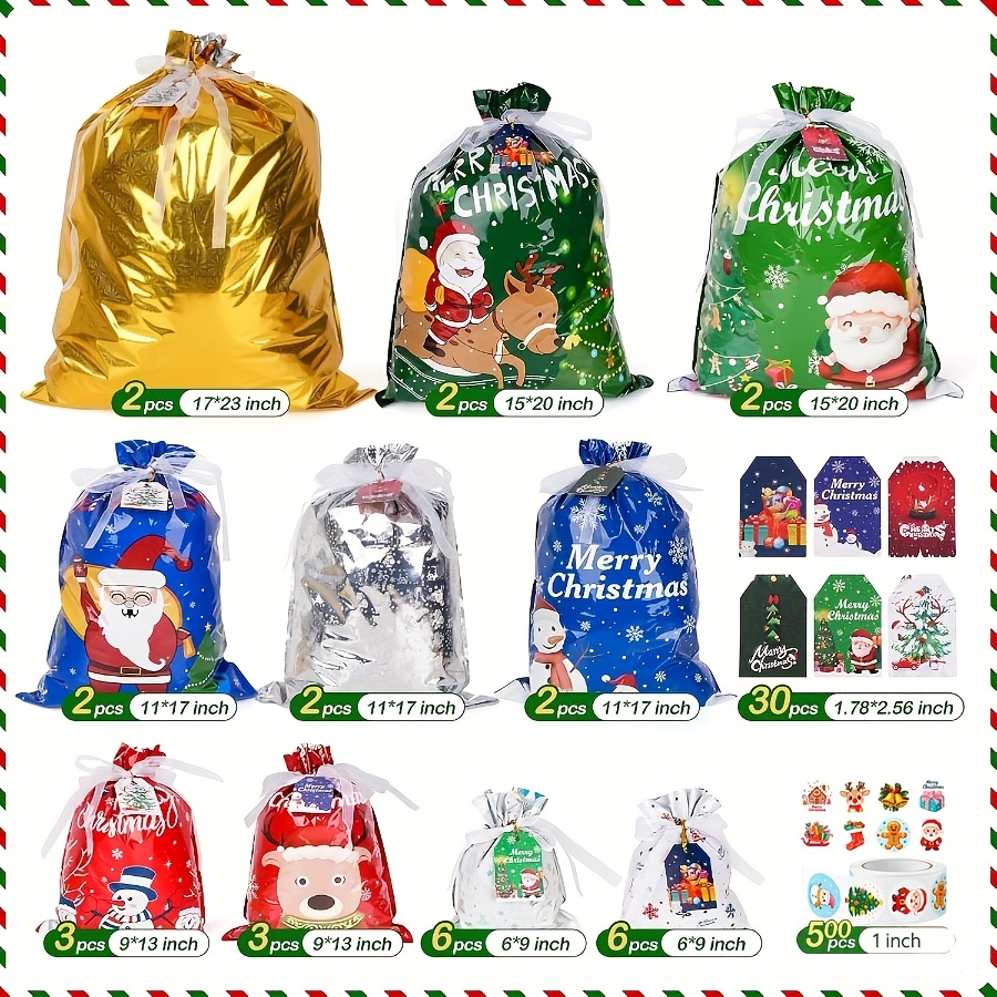 TEMU 60pcs Christmas Drawstring Gift Bags - 30pcs Sizes Gift Bags, 30pcs With Colorful Tags, Suitable For Christmas Gifts And Party Gifts, Holiday