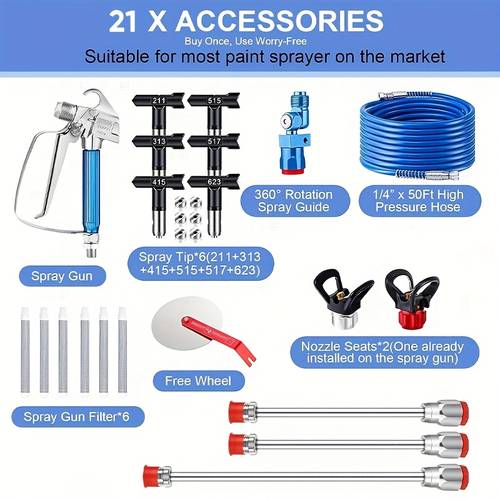22pcs airless kit 3600psi airless spray gun with 50ft high pressure hose and 6pcs reversible and 4pcs extension rod and 6pcs filters and guide tool and nozzle seat