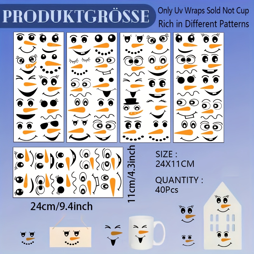 TEMU 40 Stück Lustige Schneemann-Gesichtsdesign UV-DTF Transferpapier – Hochwertig Kratzfest für 16oz Becher, Flaschen, Computer Wohnaccessoires,