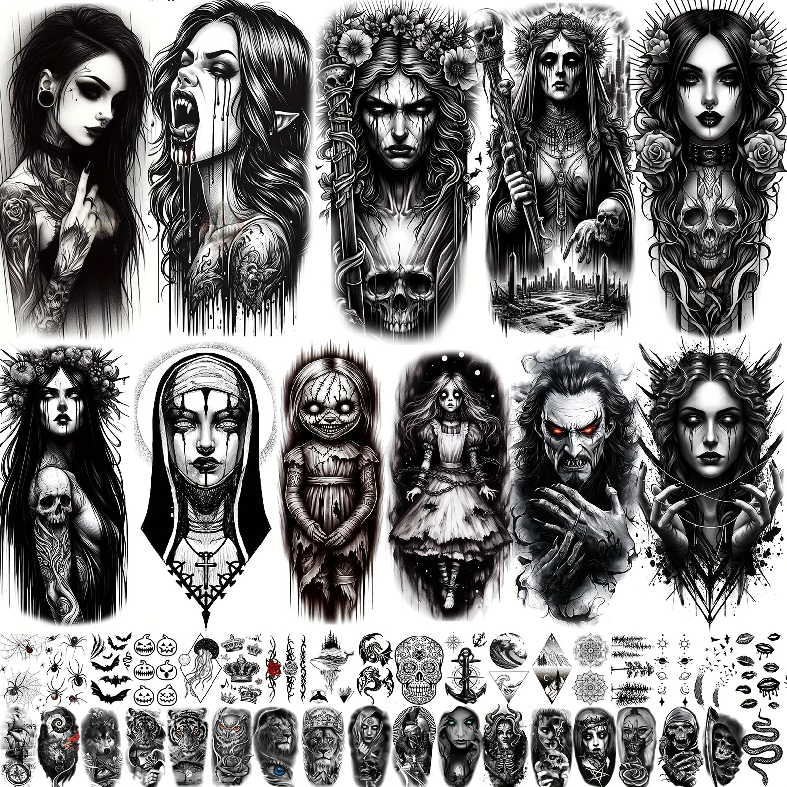 67pcs gothic black temporary tattoos for   - halloween devil, zombie, half-arm stickers with intricate floral & geometric designs - realistic   tattoos for adults, prison & party use, gothic tattoos, realistic tattoo design, detailed tattoo artwork 0