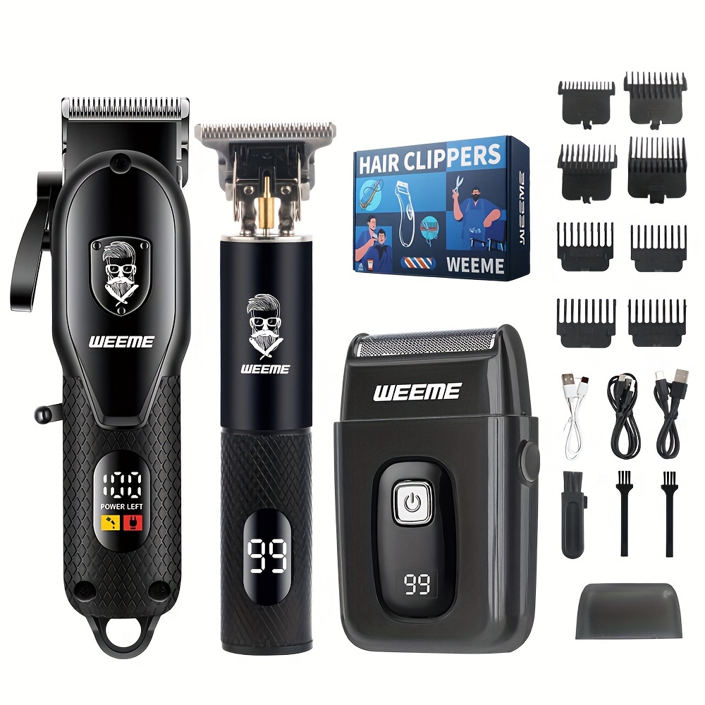 

Weeme Kit, 3pcs Set: Hair Clipper, Shaver, Detail Trimmerusb Rechargeable, Lcd Battery Display, Professional Barber Tools