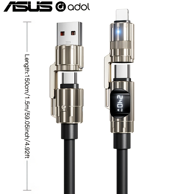 TEMU Câble de charge rapide 4-en-1 ASUS 240W, USB C vers USB C/Lightning/USB A, câble de données en silicone compatible avec iPhone, iPad, Samsung,
