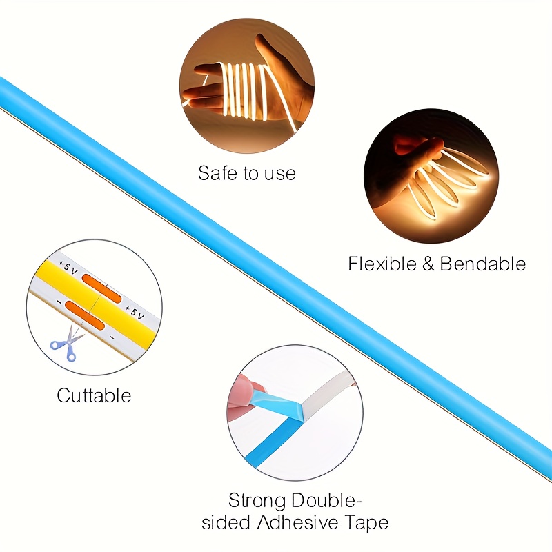 Tira de luces LED COB delgada HOTU | Cinta de luz flexible y cortable adhesiva alimentada por USB con 400 LEDs/M, luz diurna y blanco cálido (3000-6500K), diseño sin puntos para dormitorio, oficina - Imagen 3