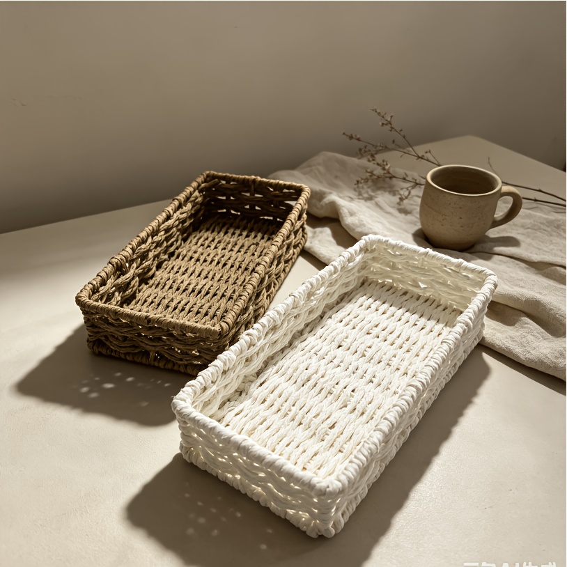 TEMU 2pcs Rectangular Rattan Storage Baskets, Multifunctional Natural And White Woven Organizer Bins For Shelves, Closet, Counter - Farmhouse Style