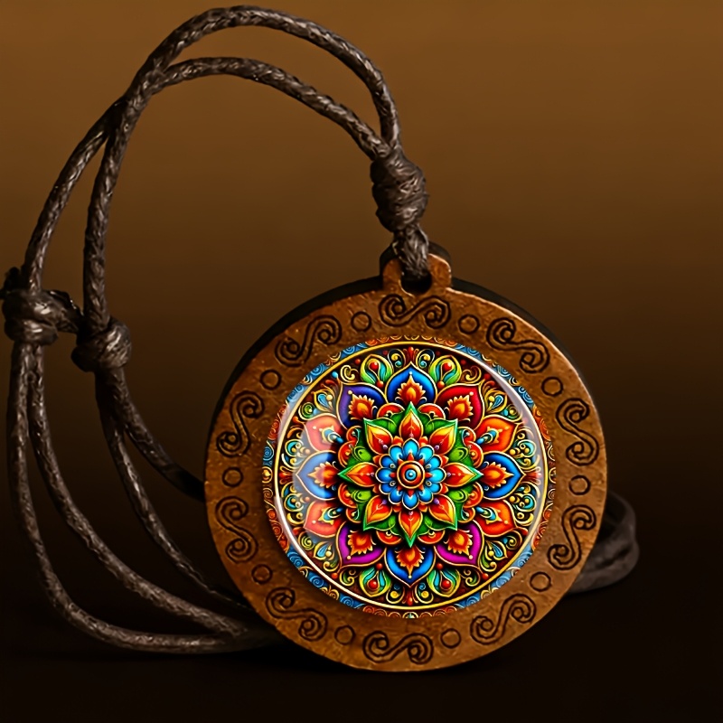 TEMU Ornate Painted Mandala Wooden Necklace, A Vintage-style Minimalist Small Gift For . A Simple And Stylish Accessory For Daily Wear, Suitable For