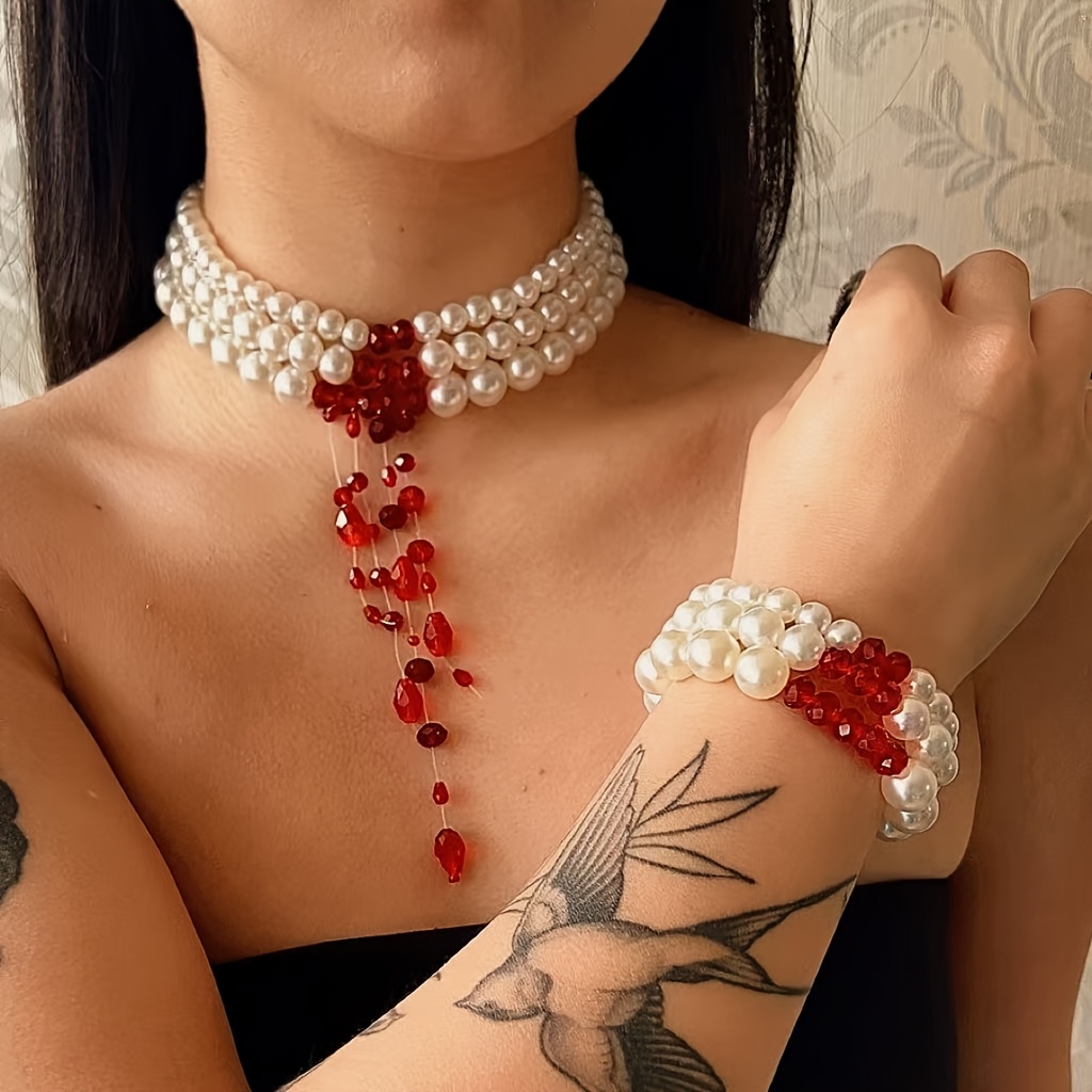 Gothic - Style \"bleeding\" Pearl Choker Necklace Set For Halloween. Each \"bleeding Pearl\" A Story Of The . And Become The For Halloween