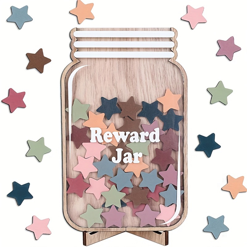 

Boho Star Wooden Reward Jar With Cutouts - Positive Behavior Incentive Chart & Management Tools For Teachers, Students, And Classroom Decor