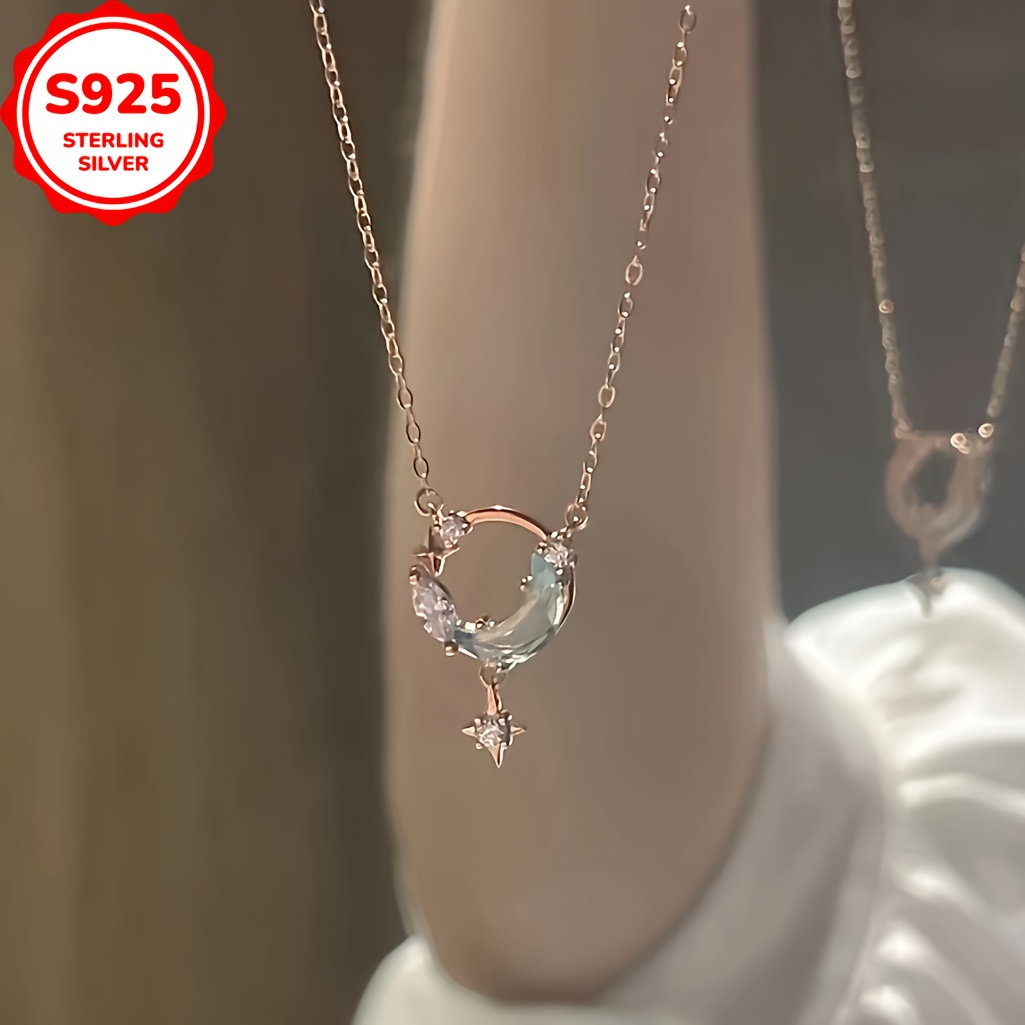 

1pc Vintage Style 925 Silver Plated Star And Moon Pendant Necklace With Synthetic Zirconia, Elegant Women' Jewelry For And Gift-, Cute Necklace, River Of Stars,, Luxury