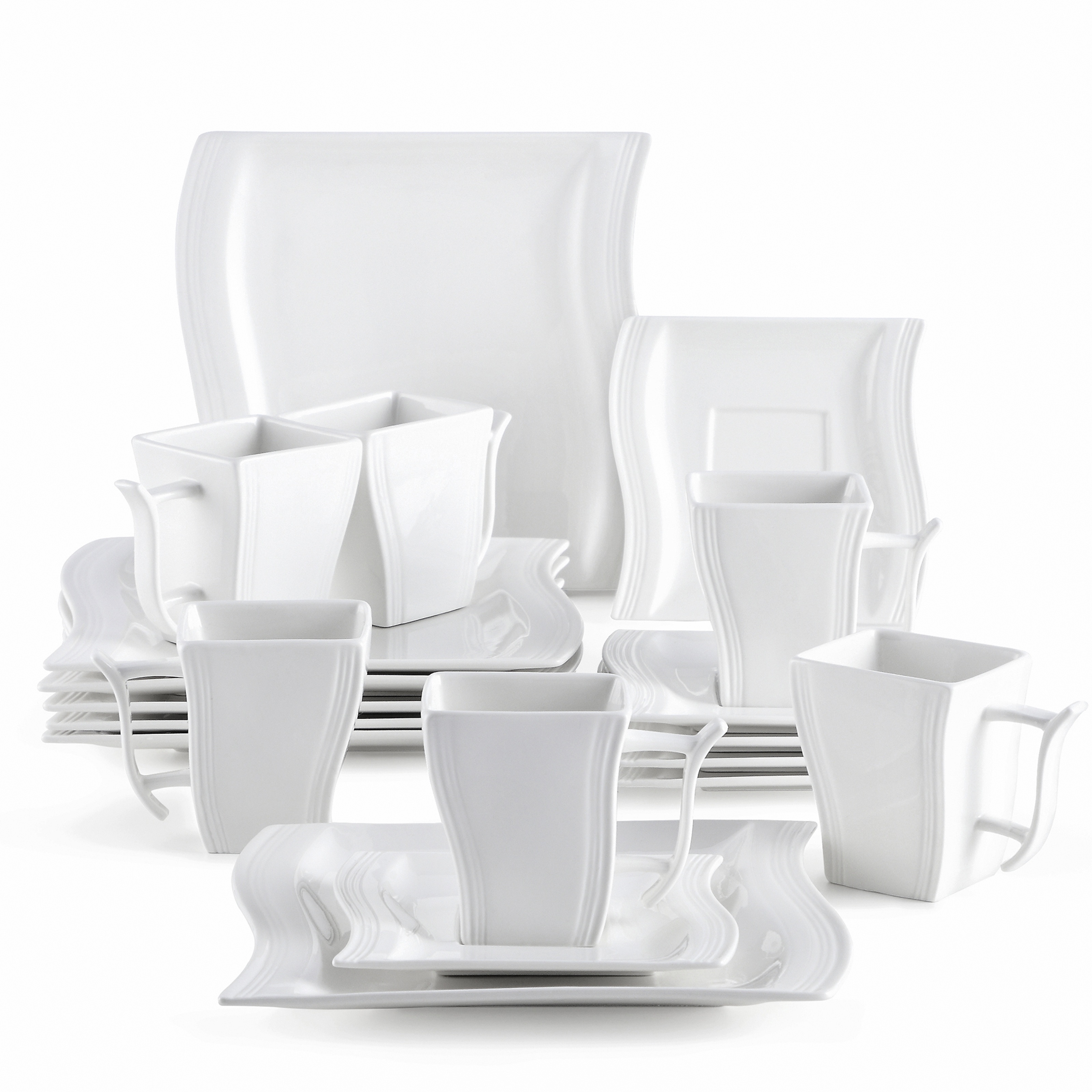 E-shop Kleines Teller- Tassen-Set, 18-tlg. quadratisches Tellerset, für 6 Personen, Porzellan--Set mit Desserttellern, Kaffeetassen Untertassen,