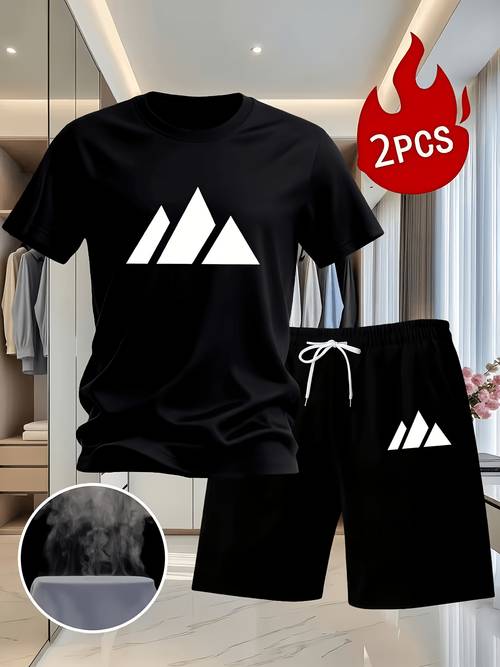 mens suit with mountain pattern fashionable and simple white t shirt black shorts summer mens short sleeve t shirt with stylish mens shorts set casual and comfortable
